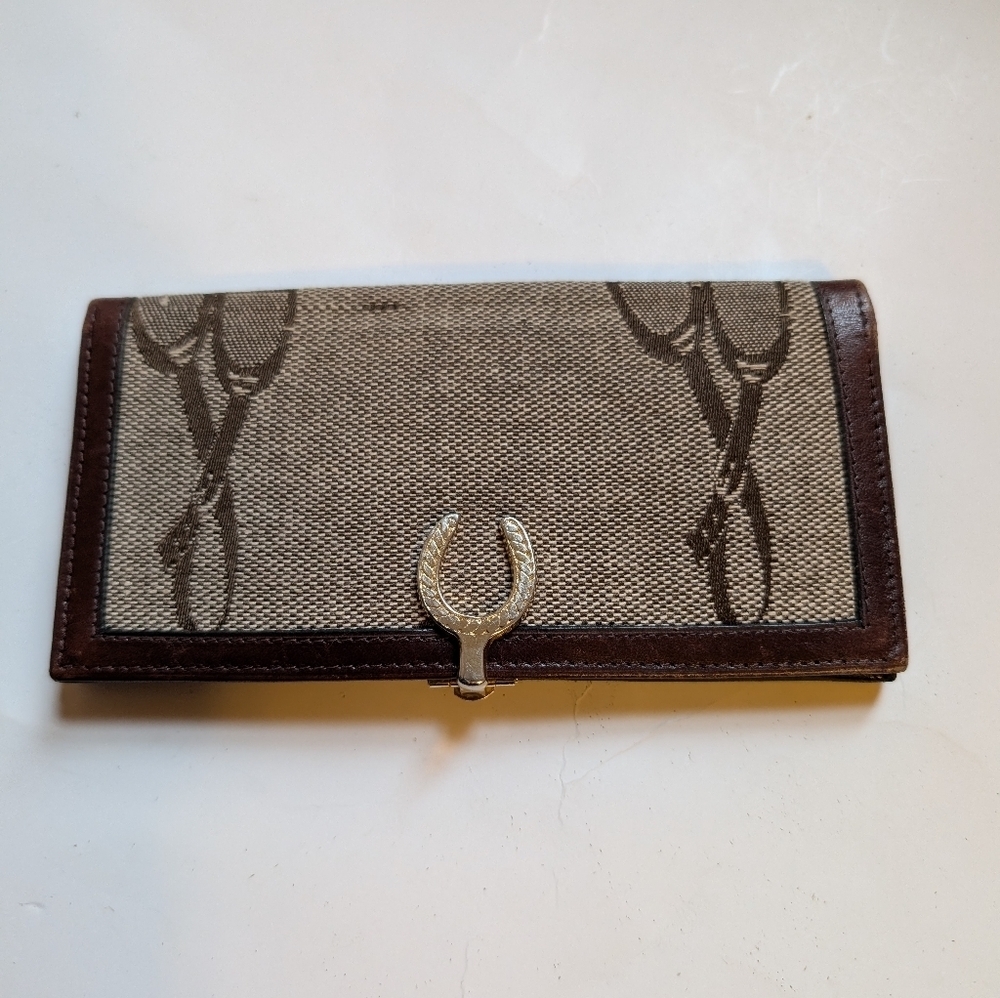 Vintage Equestrian Style Brown and Tan Wallet with Gold Accent In VGUC